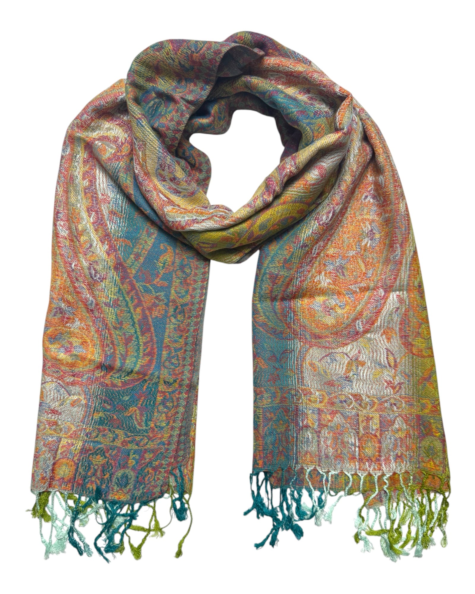 Colorful patterned scarf with tassels on a white background
