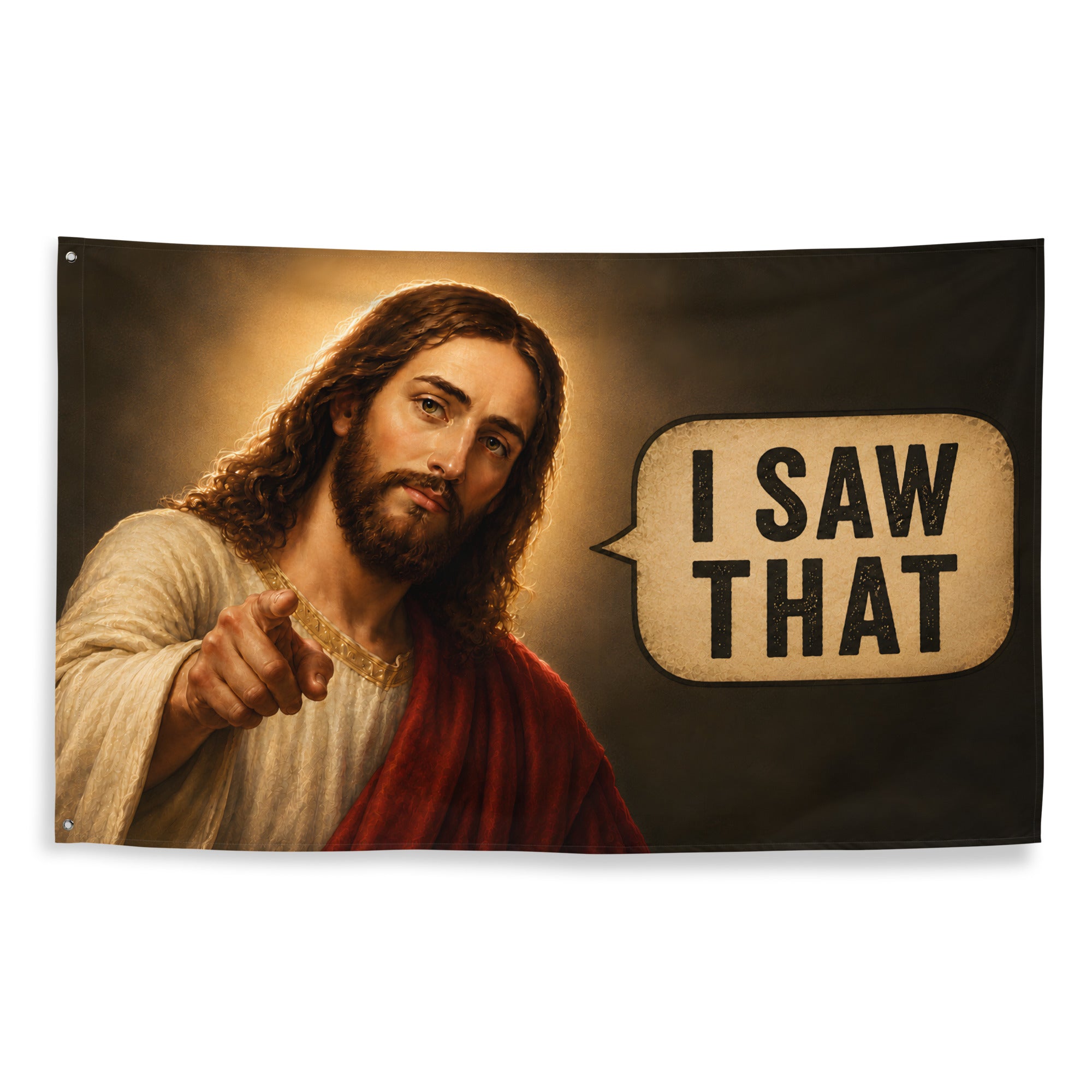 Front view of the funny I Saw That Jesus rave flag