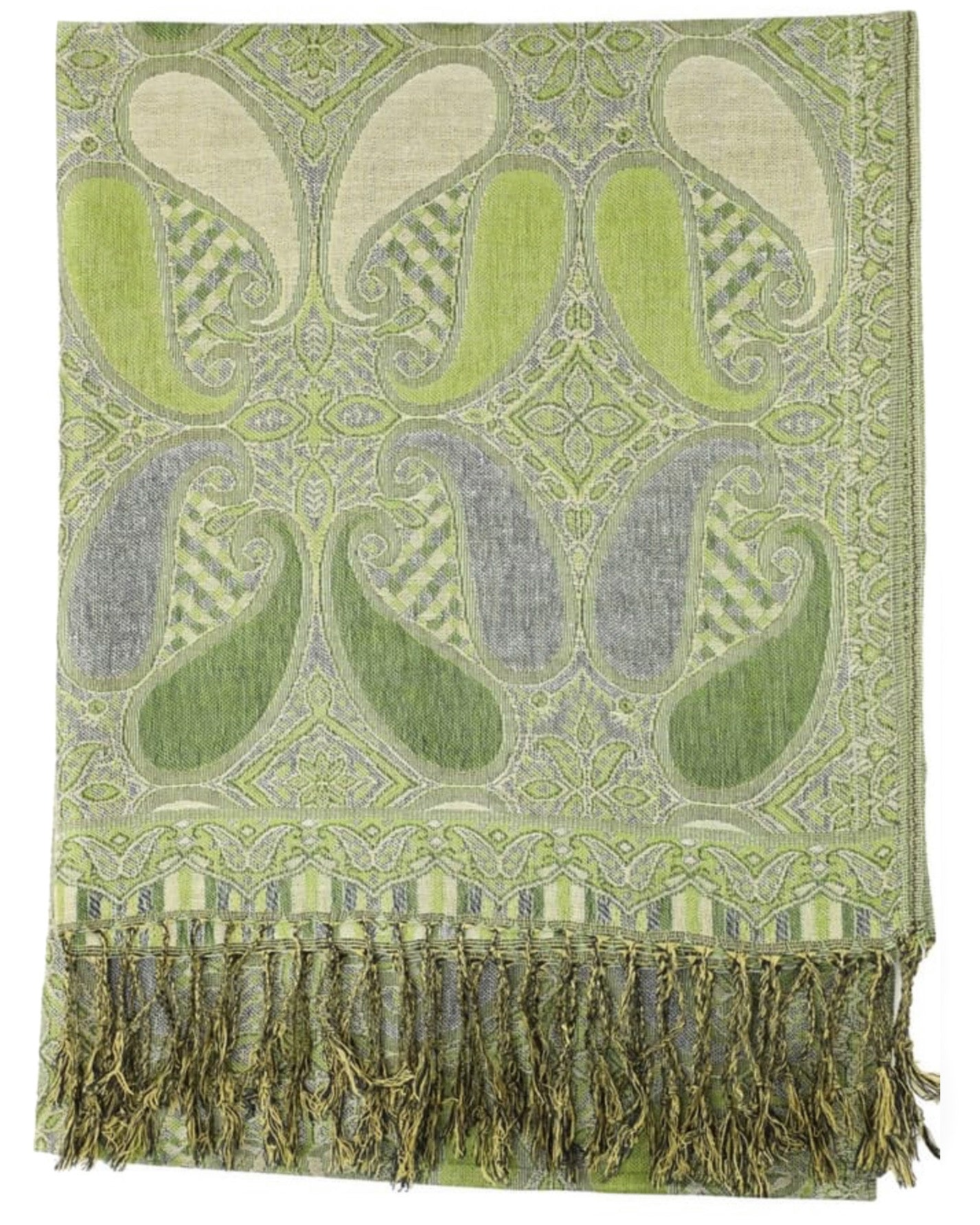 A green and paisley patterned pashmina draped around a mannequin with fringes at the bottom.