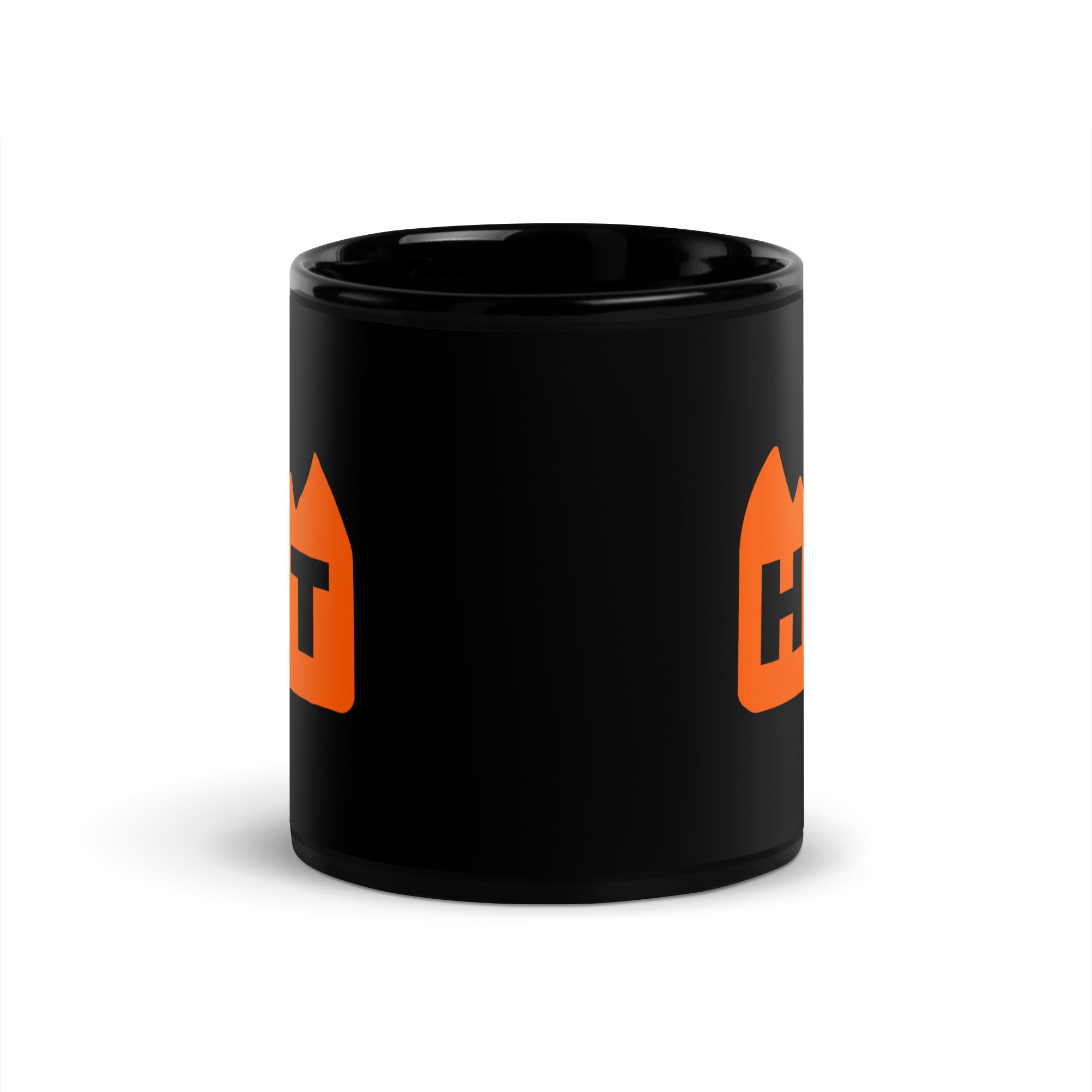 Side view of the glossy black Hot Sticker festival mug