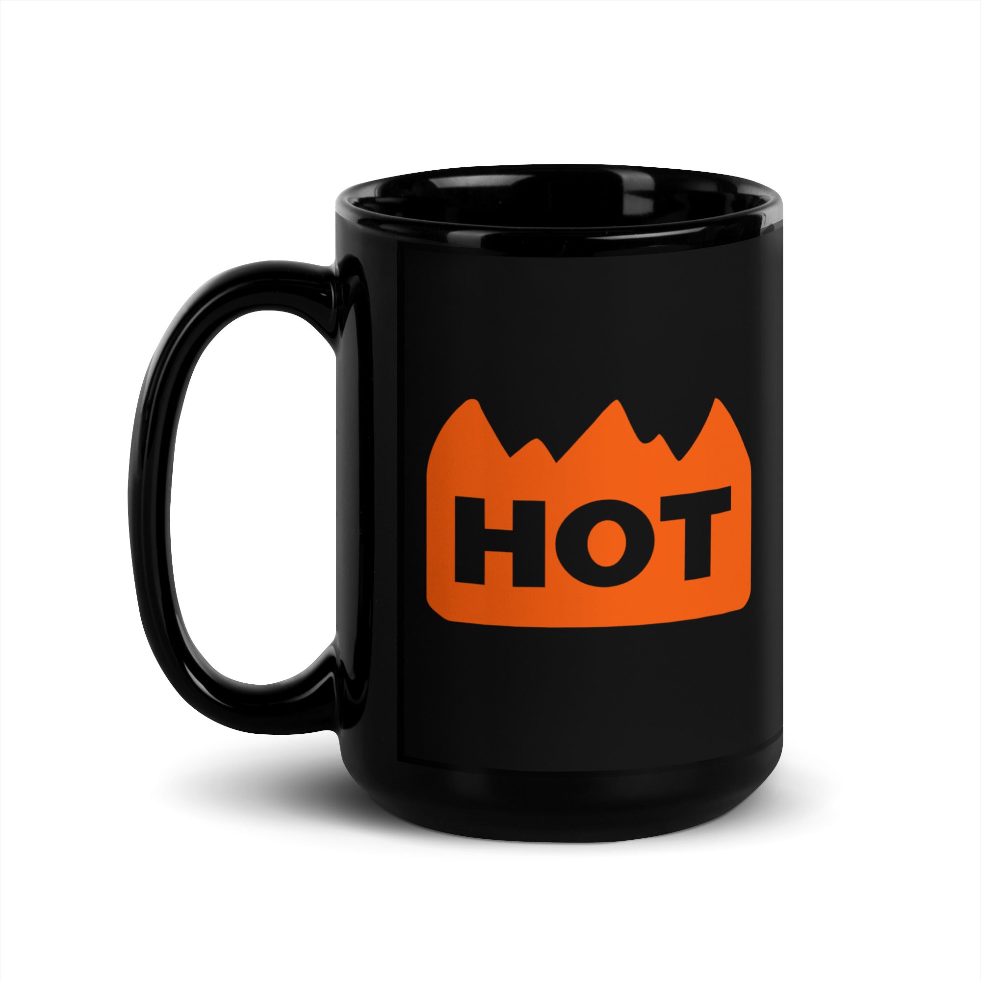 Angled view of the Hot Sticker black ceramic rave mug