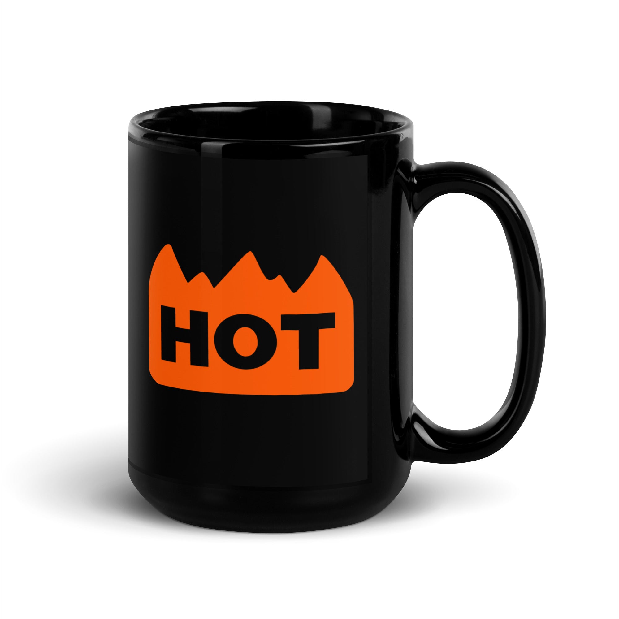 Angled view of the Hot Sticker black ceramic rave mug