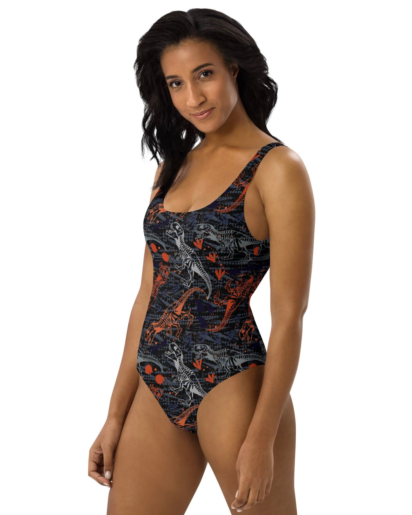 Model rocking One Stop Rave's T-Wrecked Bodysuit with a dynamic dinosaur print.