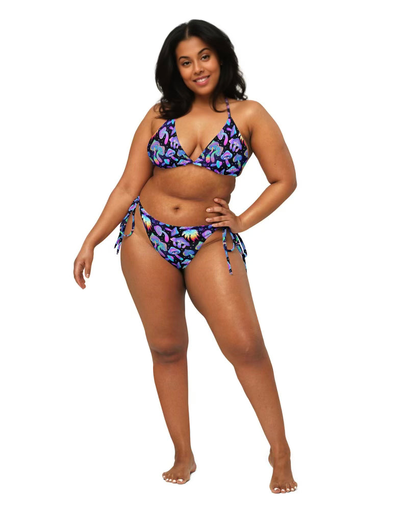 Model wearing the Shroomin Black Triangle Top & Shroomin Black String Bottoms by One Stop Rave.