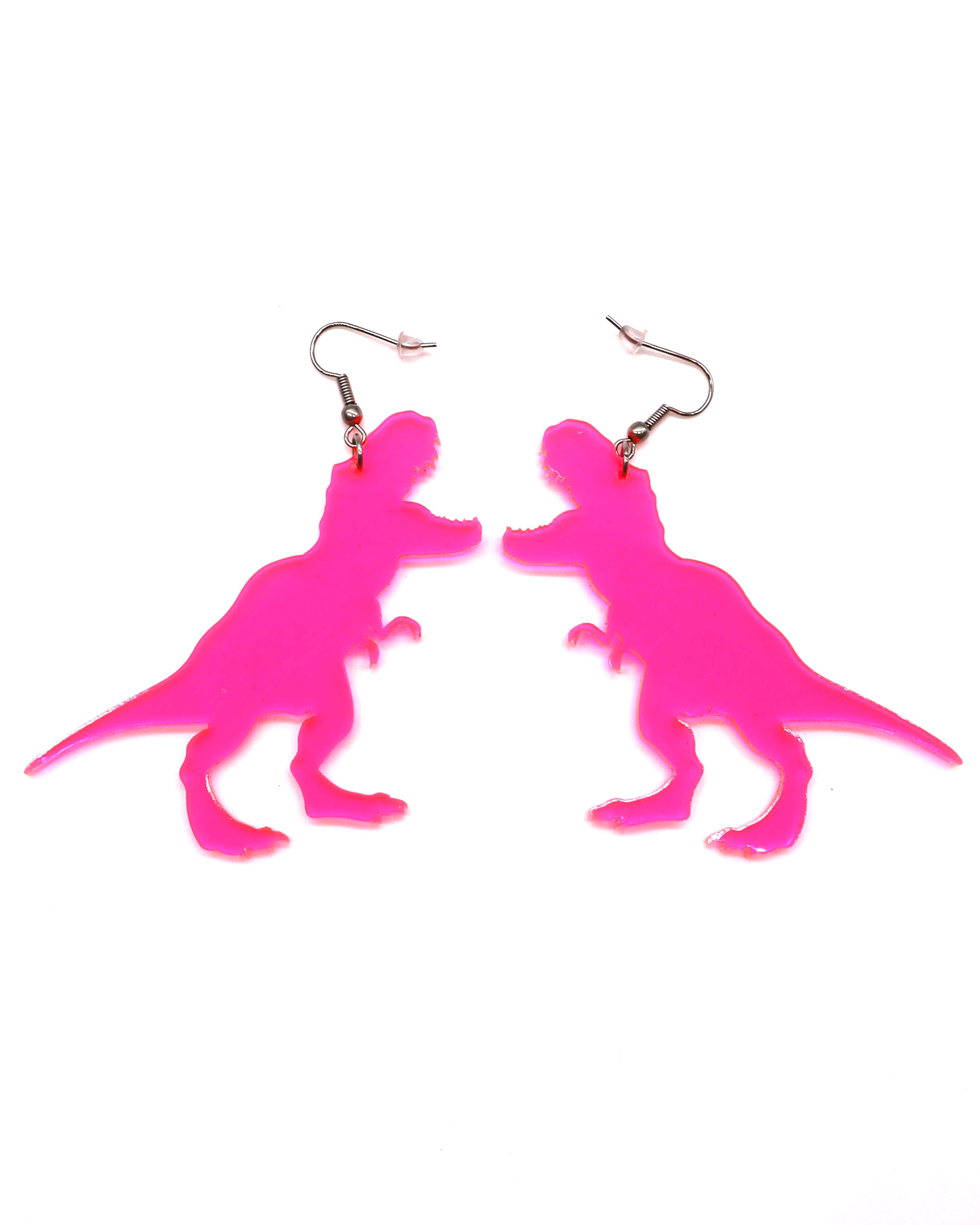 Close-up view of the T-Wrecked Earrings in fluorescent pink.