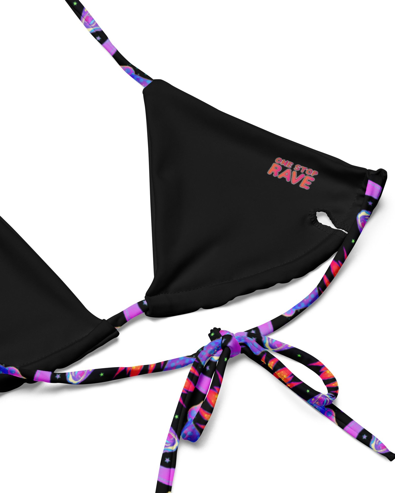 Close up of the inside lining of the Shroomin Black Triangle Top by One Stop Rave on a white background.