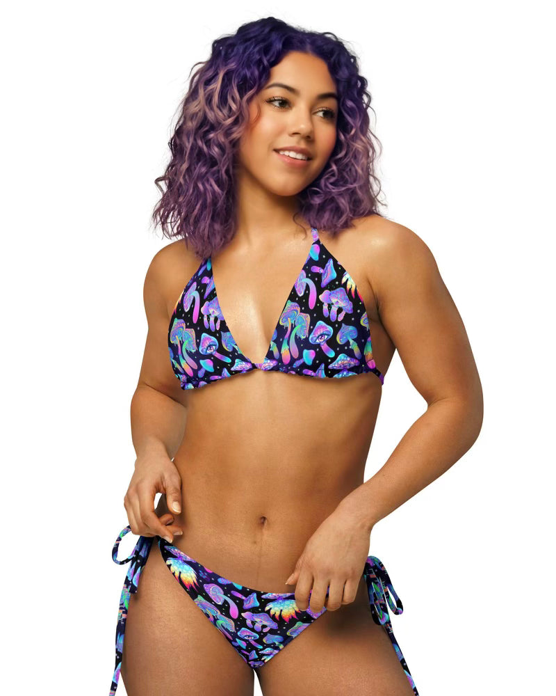 Model wearing the Shroomin Black Triangle Top & Shroomin Black String Bottoms by One Stop Rave.