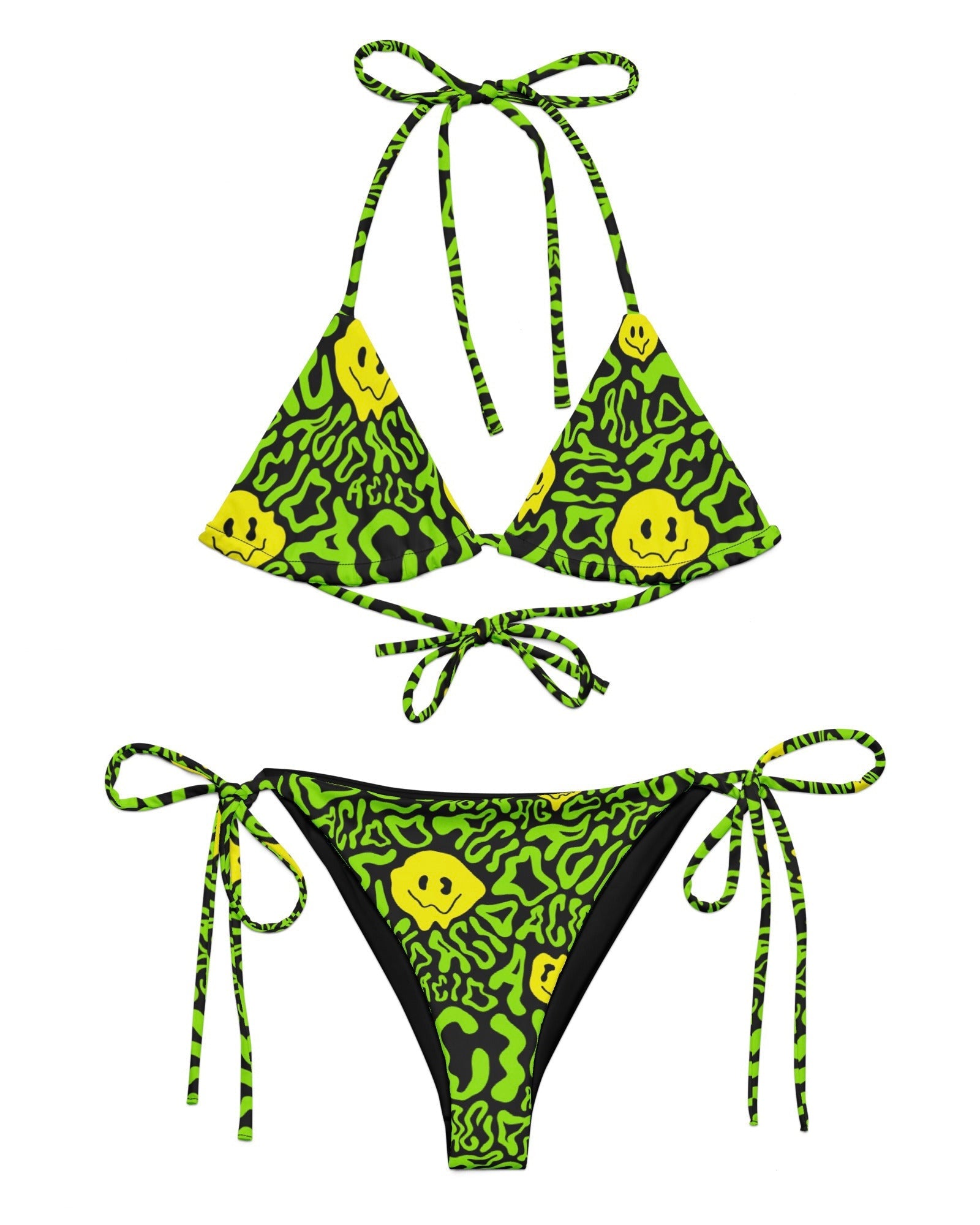 The Acid Smilez Triangle Top & Acid Smilez String Bottoms by One Stop Rave on a white background.