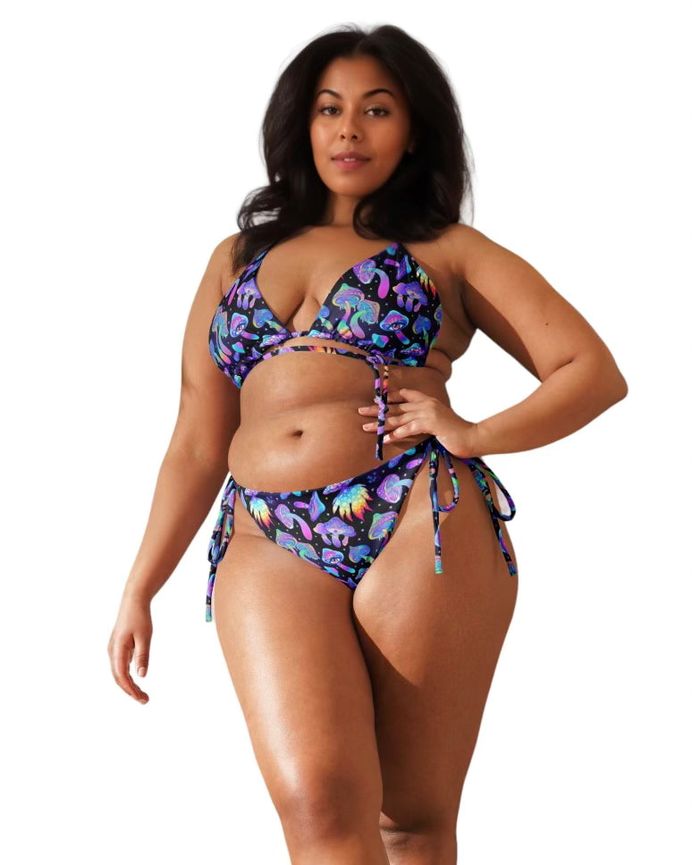 Model wearing the Shroomin Black Triangle Top & Shroomin Black String Bottoms by One Stop Rave.