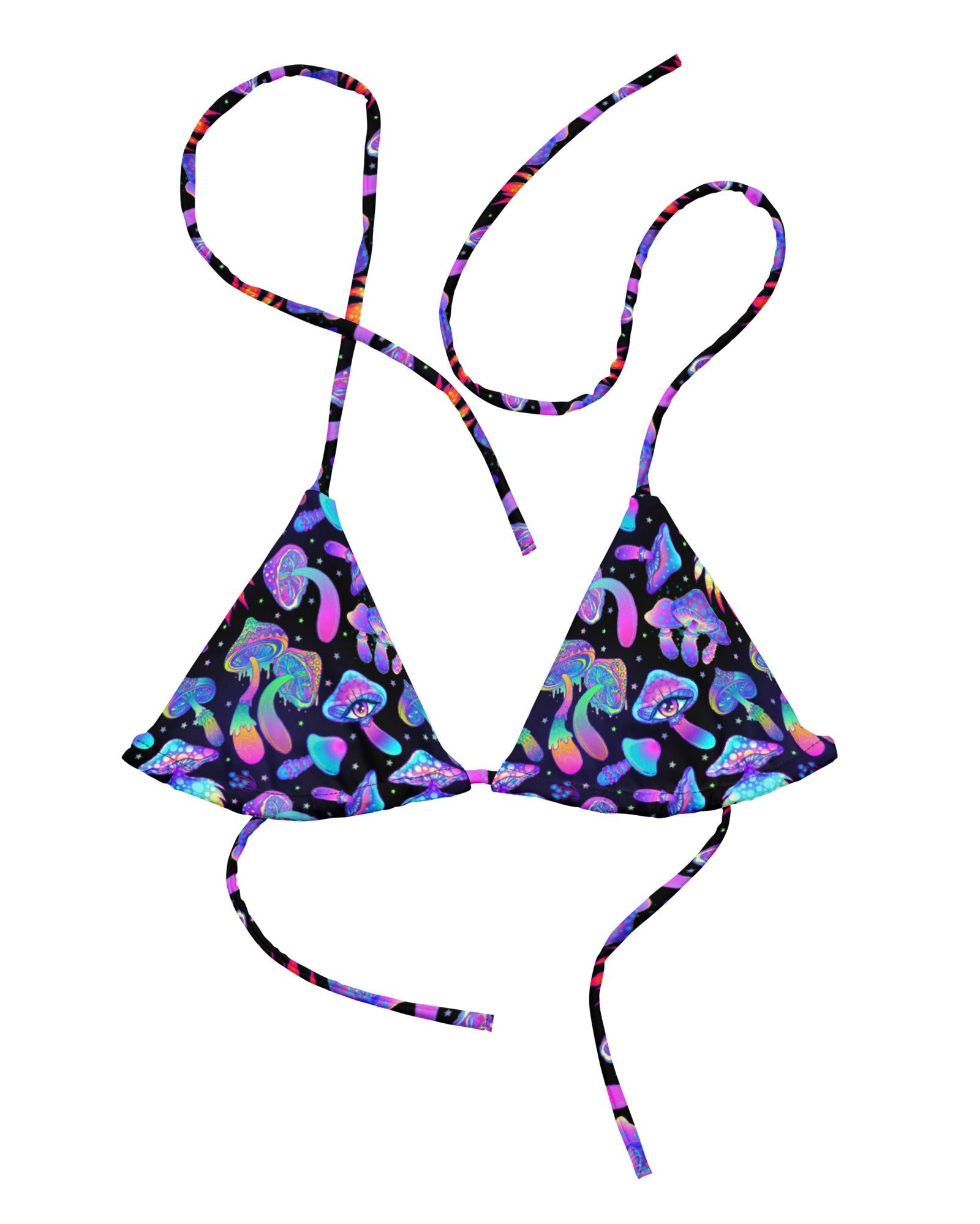 Shroomin Black Triangle Top by One Stop Rave on a white background with the strings spread out.