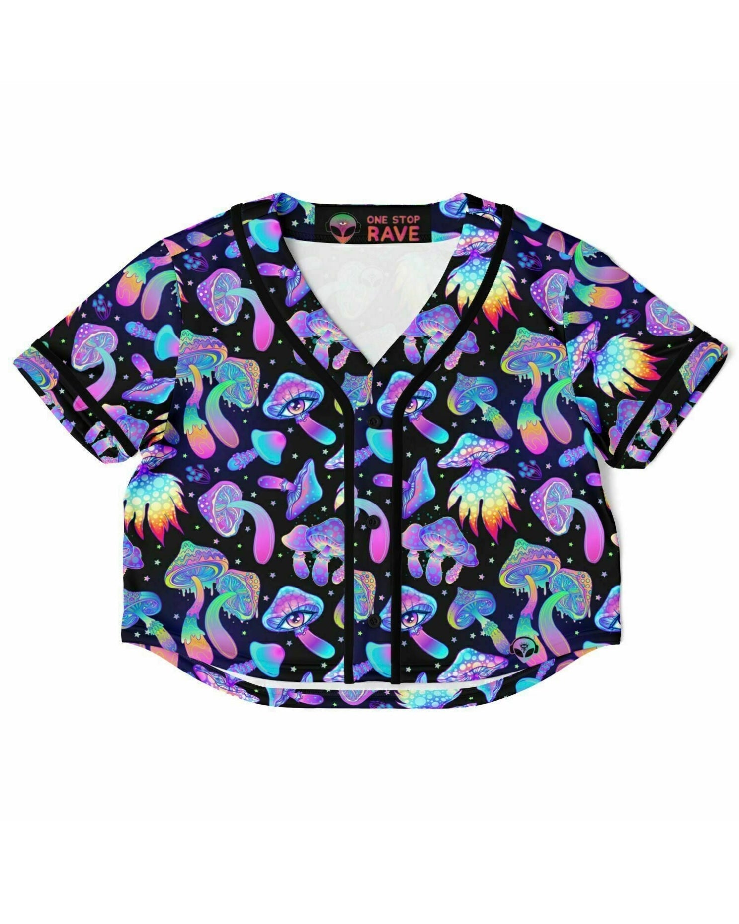 Shroomin Black Cropped Baseball Jersey, Cropped Baseball Jersey, - One Stop Rave