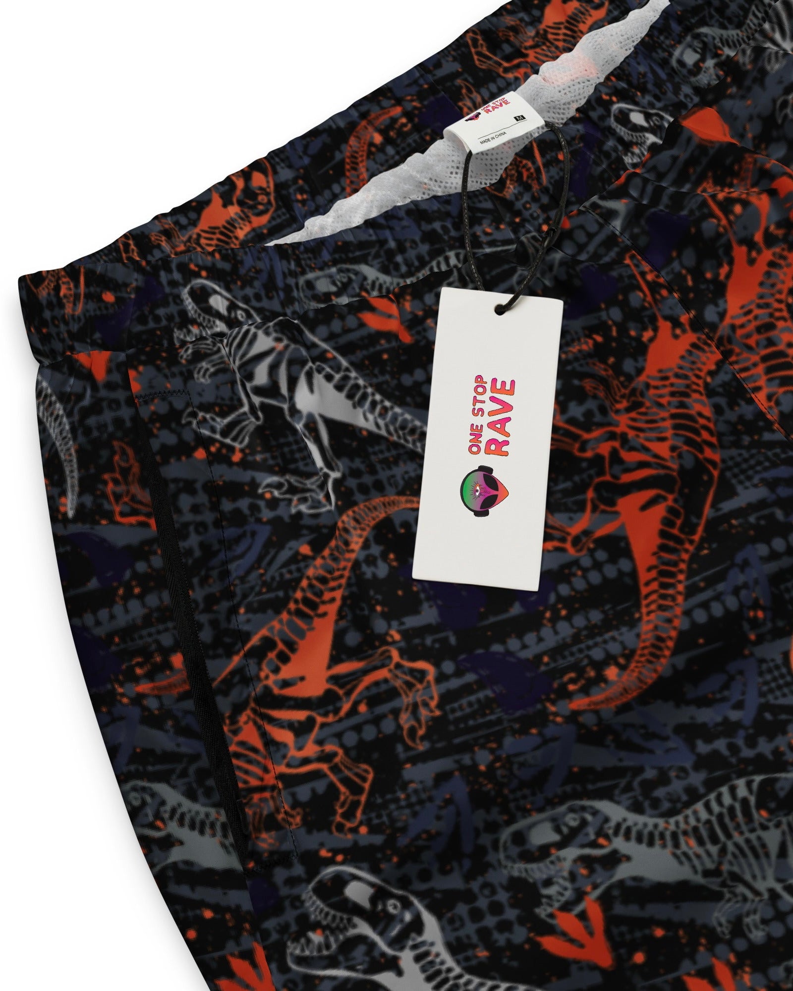 Close-up view of One Stop Rave's T-Wrecked Unisex Track Pants.