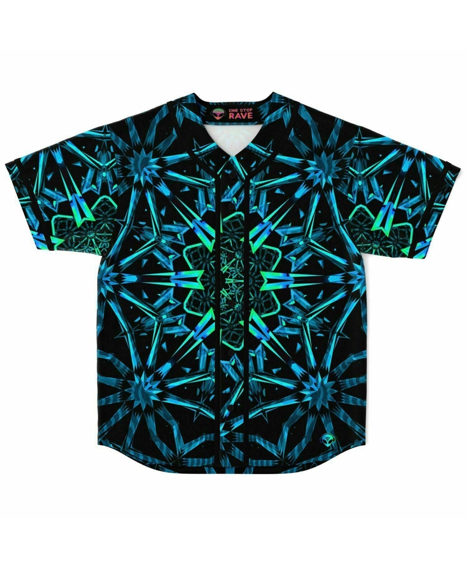 Fractals Baseball Jersey showcasing the mesmerizing blue and green gradient fractal design