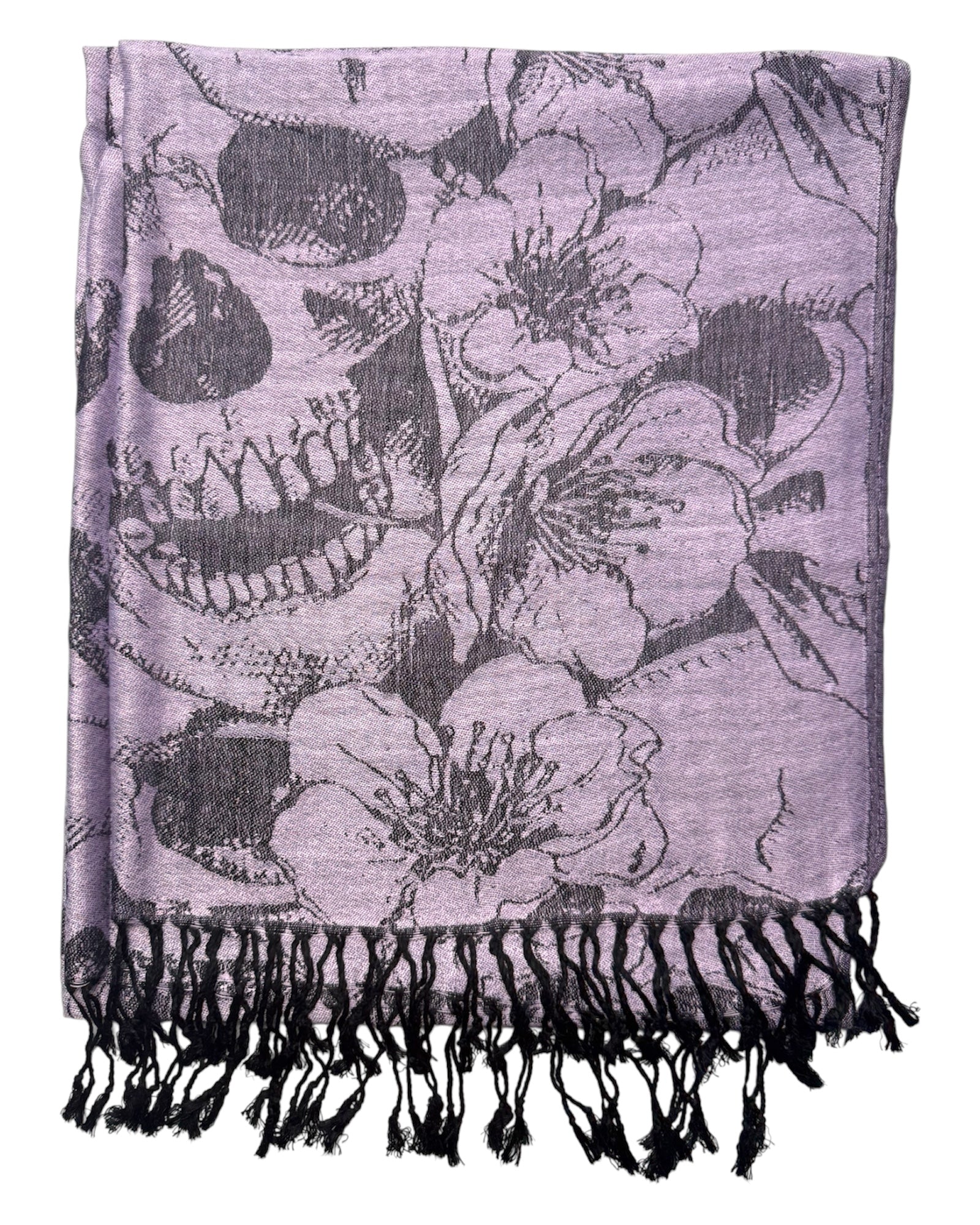 Scarf with skull and floral design on a light purple background