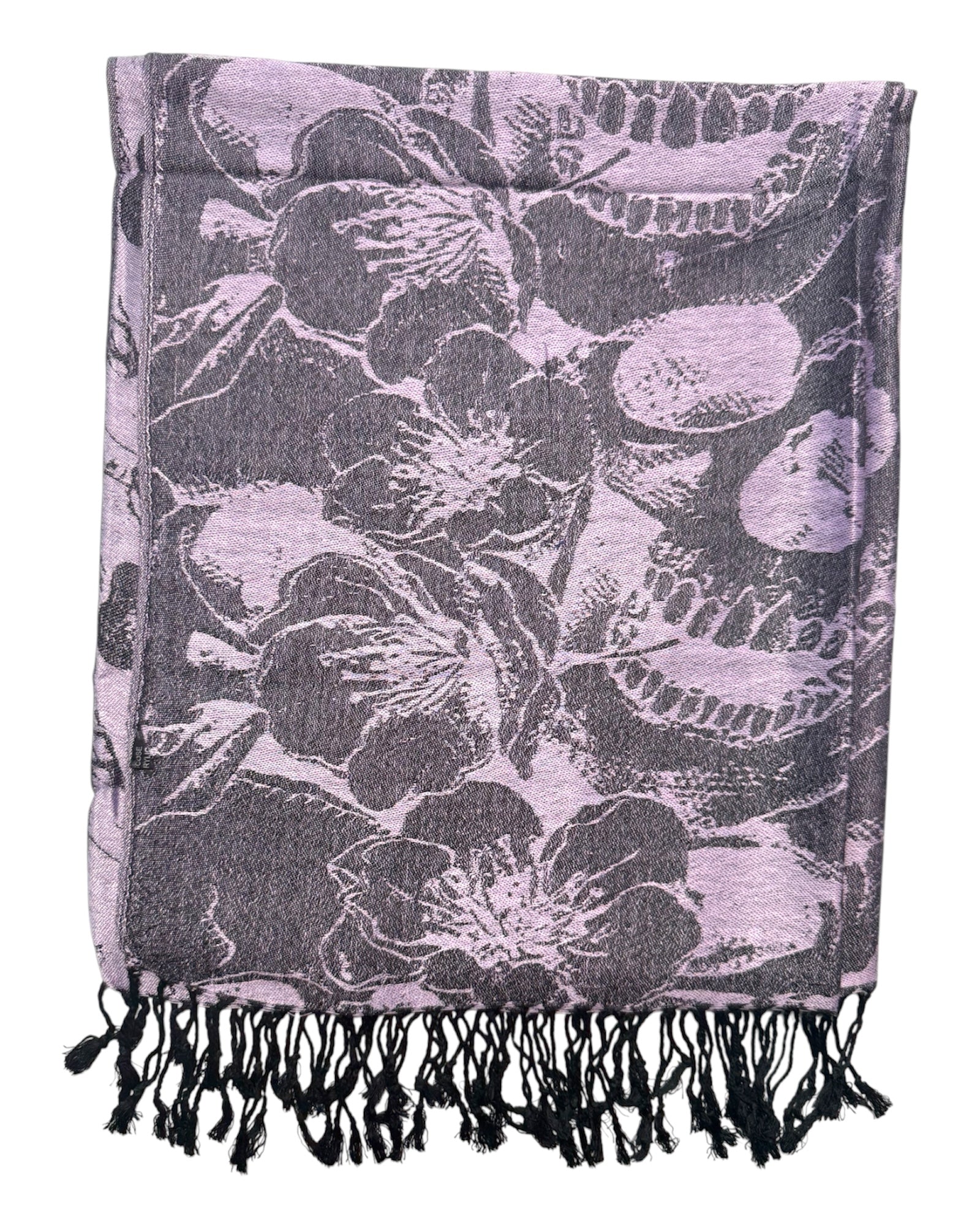 Floral patterned scarf with black and purple colors on a white background