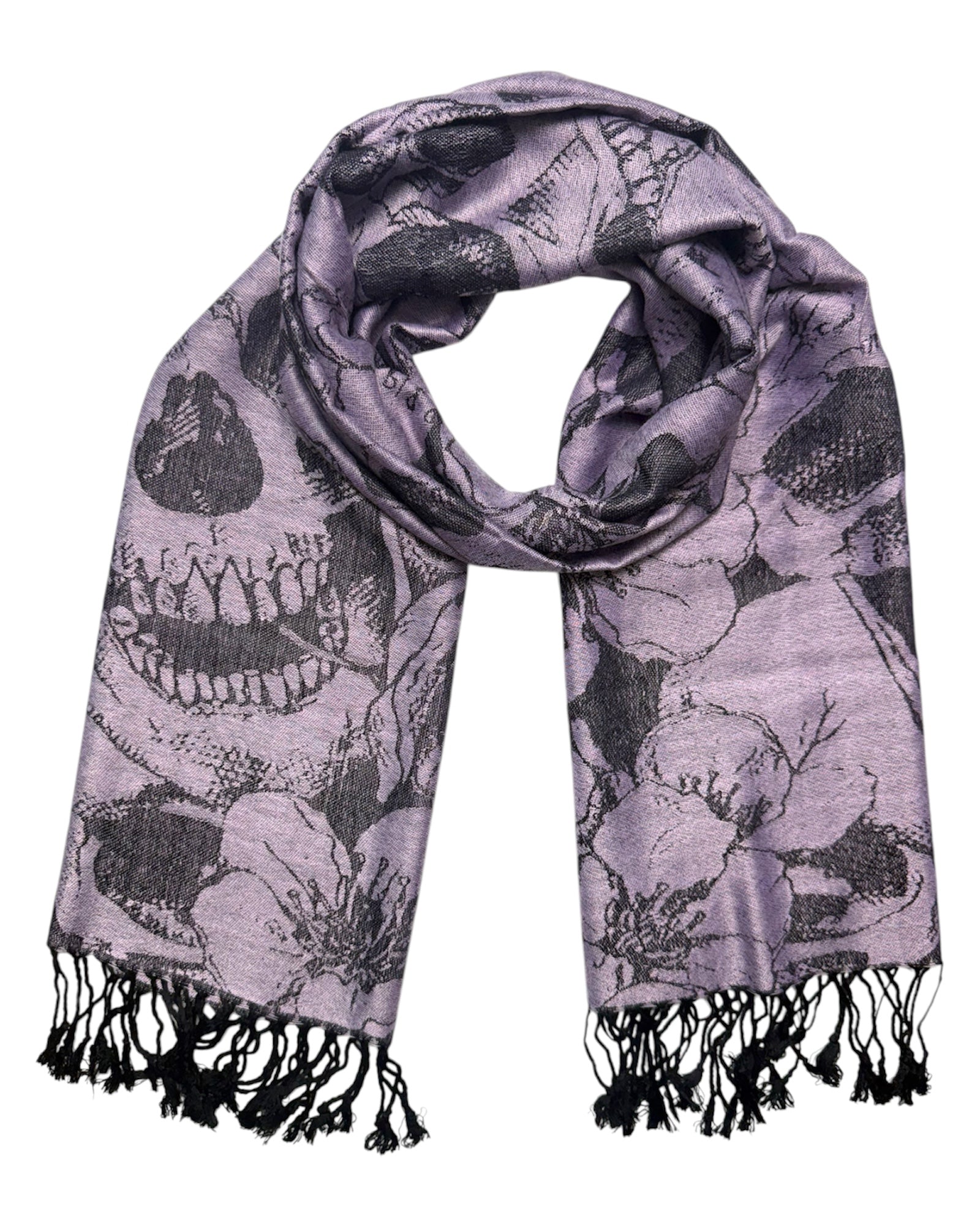 Floral patterned scarf with black tassels on a white background