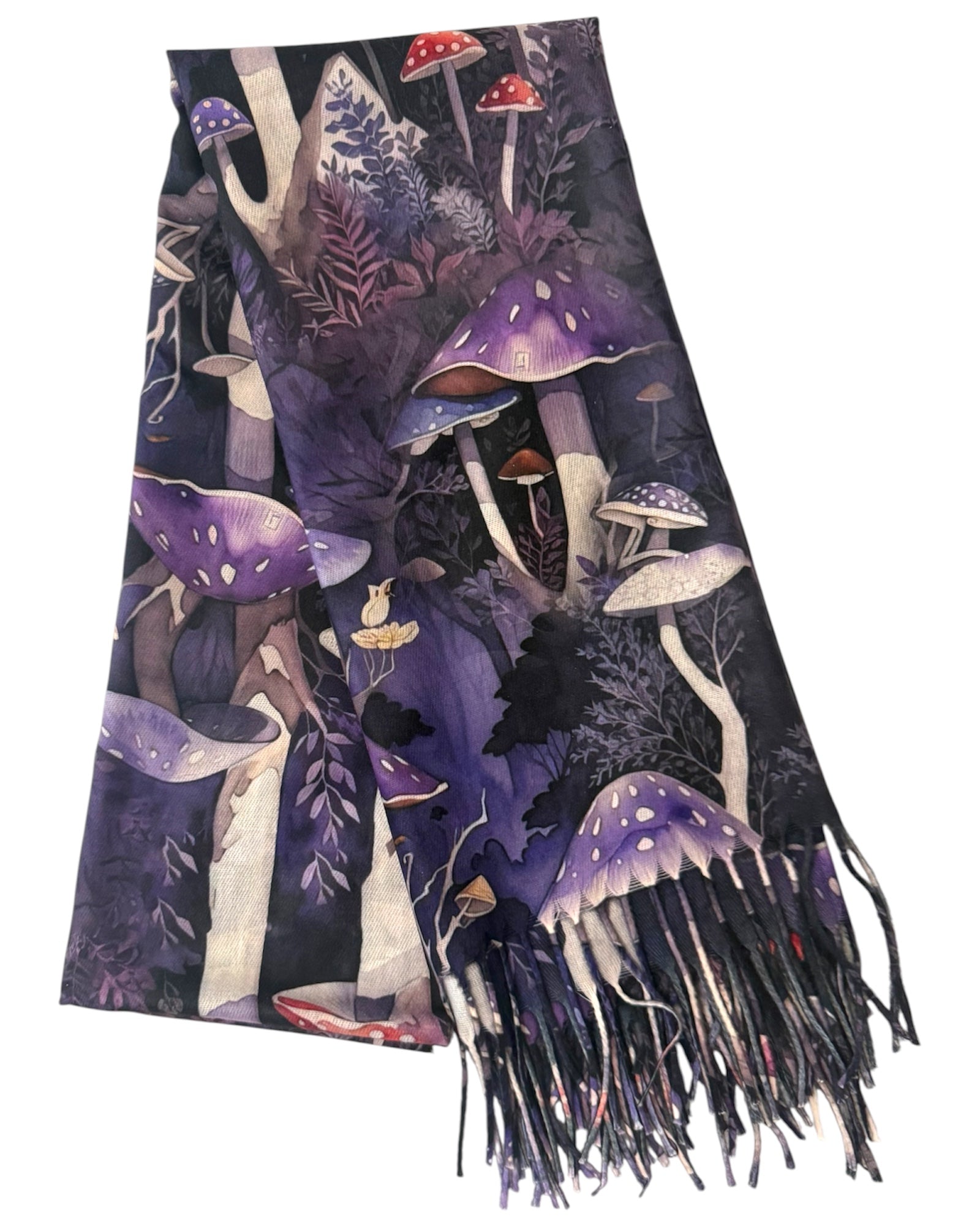 Scarf with mushroom and foliage design on a dark background
