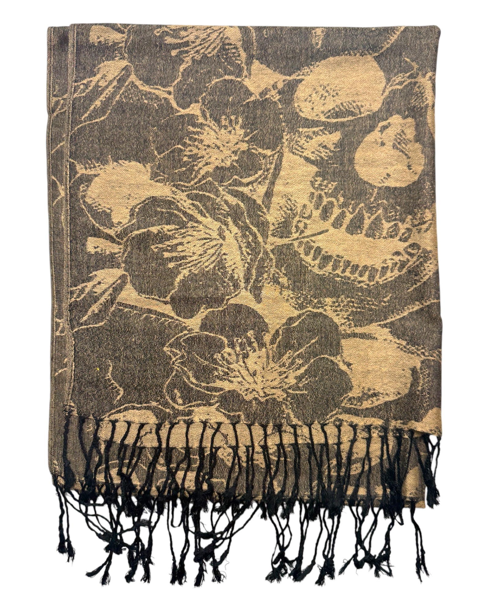 Floral patterned scarf with black tassels on a white background
