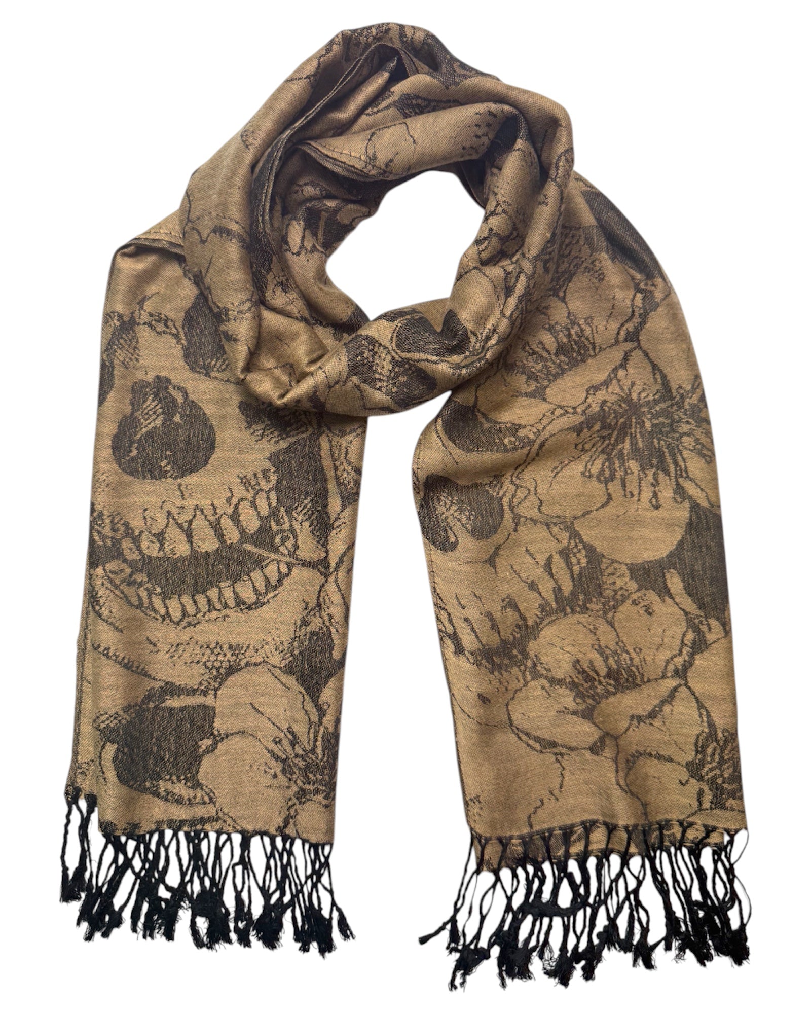 Beige scarf with black pattern and fringes on a white background