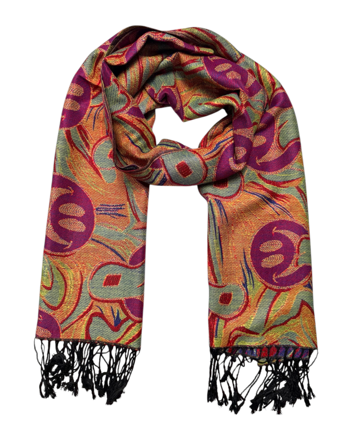 One Stop Rave reversible jacquard scarf with abstract smiley face pattern in purple, red, and yellow with black fringe.