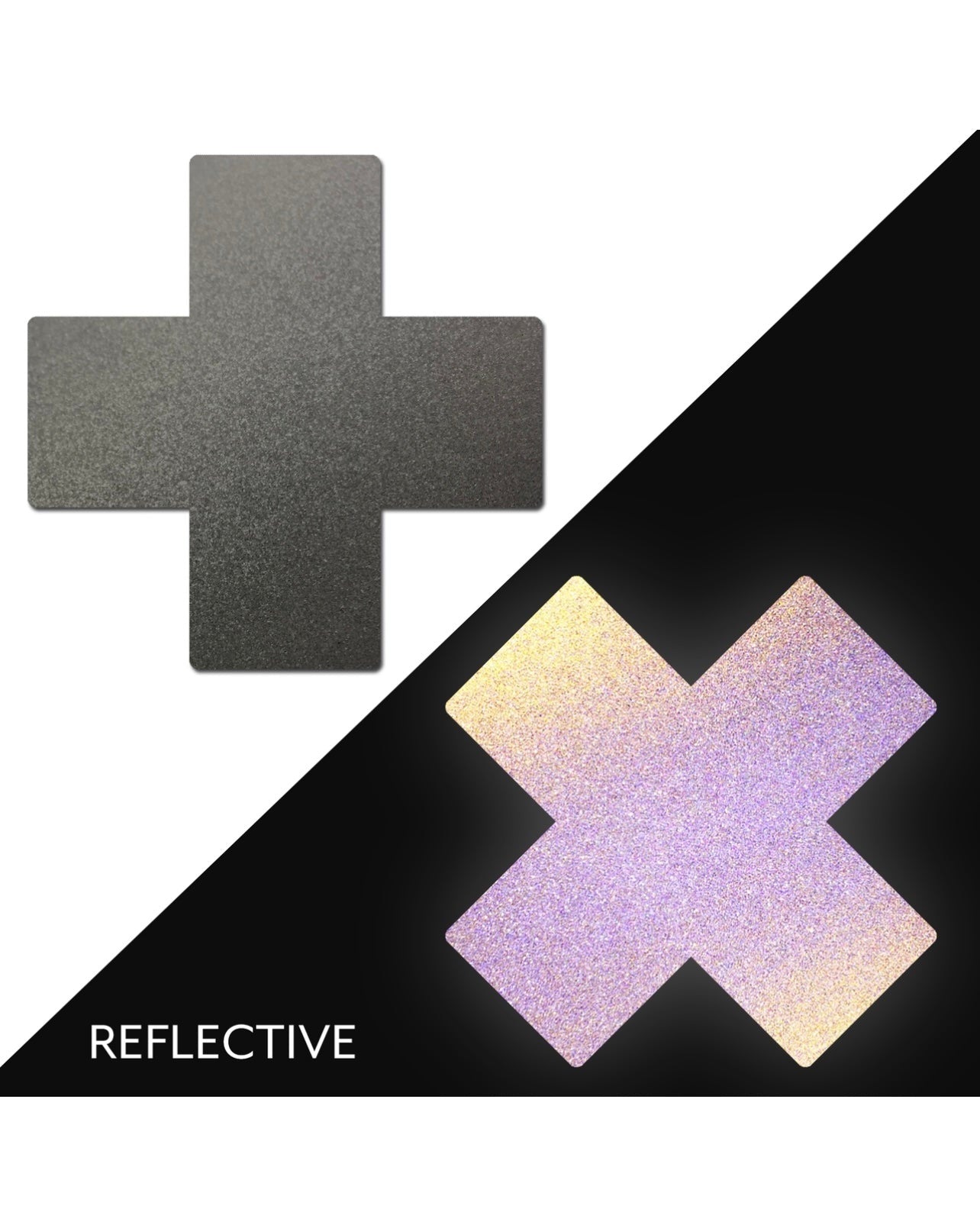 Plus X: Reflective Gun Metal Grey Cross Nipple Pasties, Pasties, - One Stop Rave