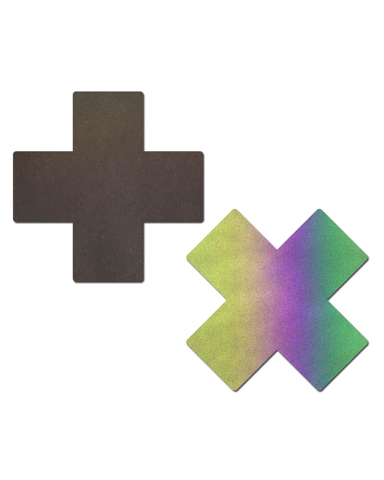 Plus X: Reflective Rainbow Cross Nipple Pasties, Pasties, - One Stop Rave