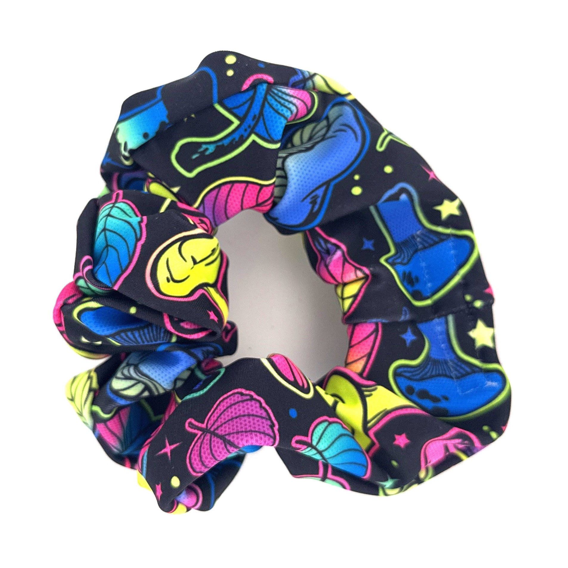 Psilo stashie with colorful neon mushroom pattern, worn as a rave outfit hair or wrist accessory