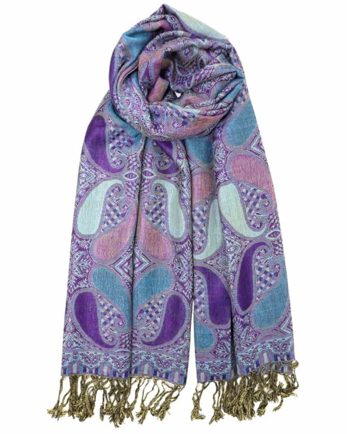A purple and blue paisley pattern pashmina with fringes displayed on a white background.