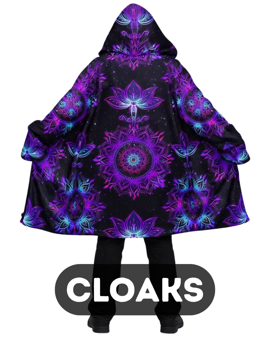 Black cloak with purple and blue floral patterns, labeled 'Cloaks'.