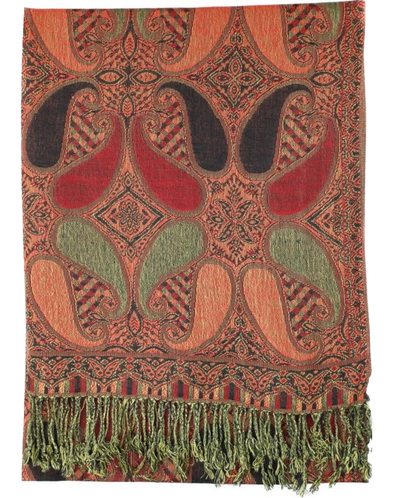 Decorative scarf with intricate patterns and fringes on a white background