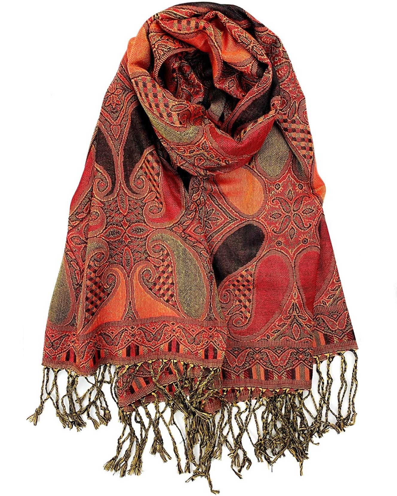Decorative scarf with intricate patterns and fringes on a white background
