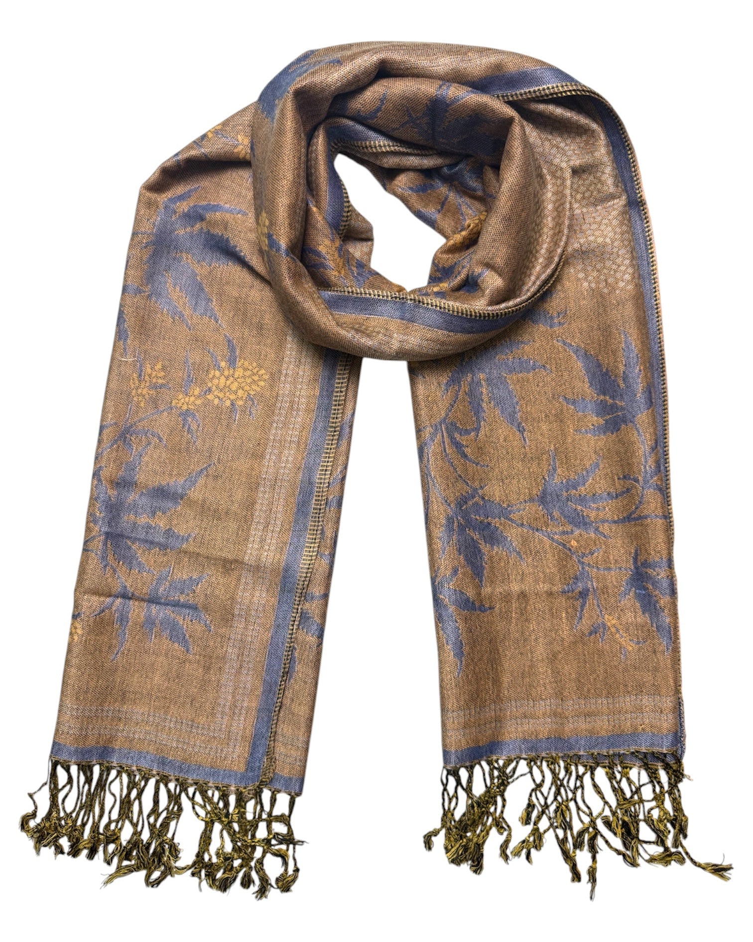 Brown and blue patterned scarf with fringes on a white background