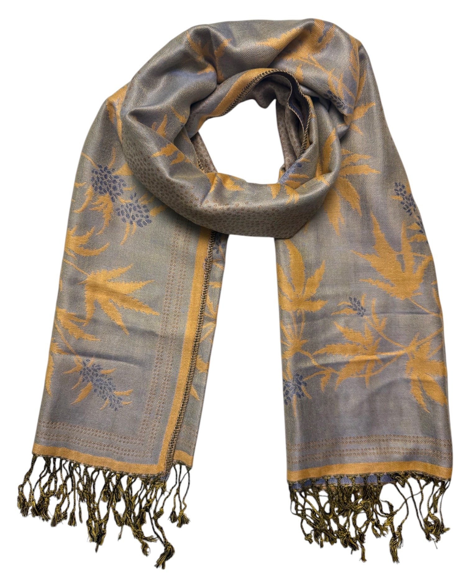 Gray and orange patterned scarf with tassels on a white background
