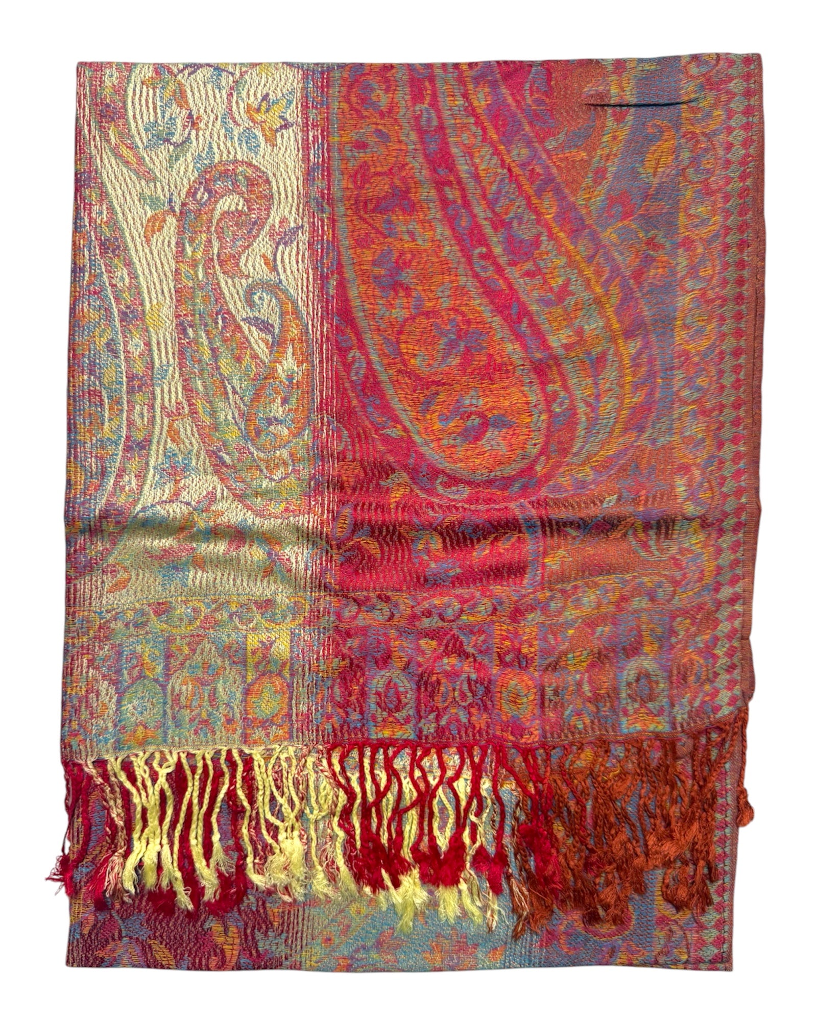 Colorful paisley patterned scarf with fringes on a white background