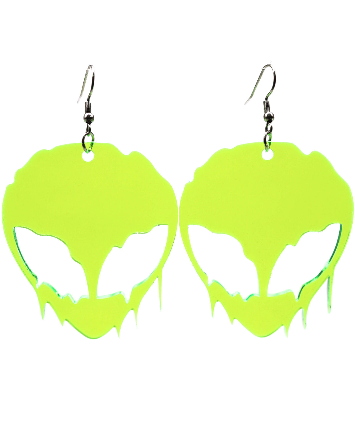 Neon Yellow Green Alien Drop Dangle Earrings - Handmade Silver Plated Hook Earrings