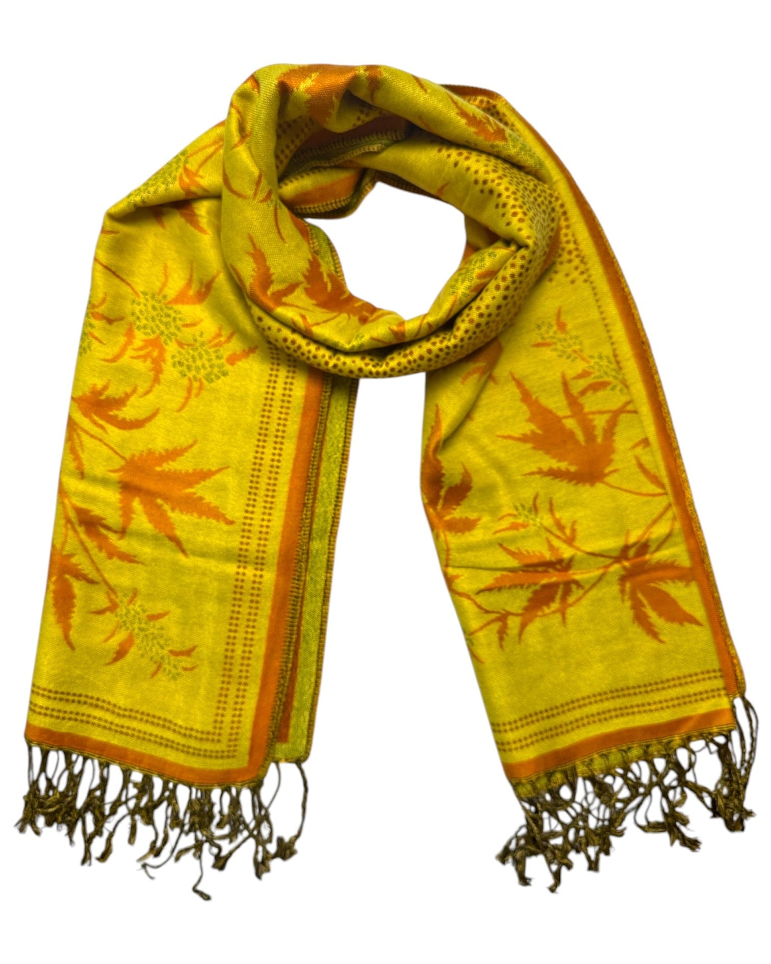 Yellow scarf with orange leaf patterns and tassels on a white background