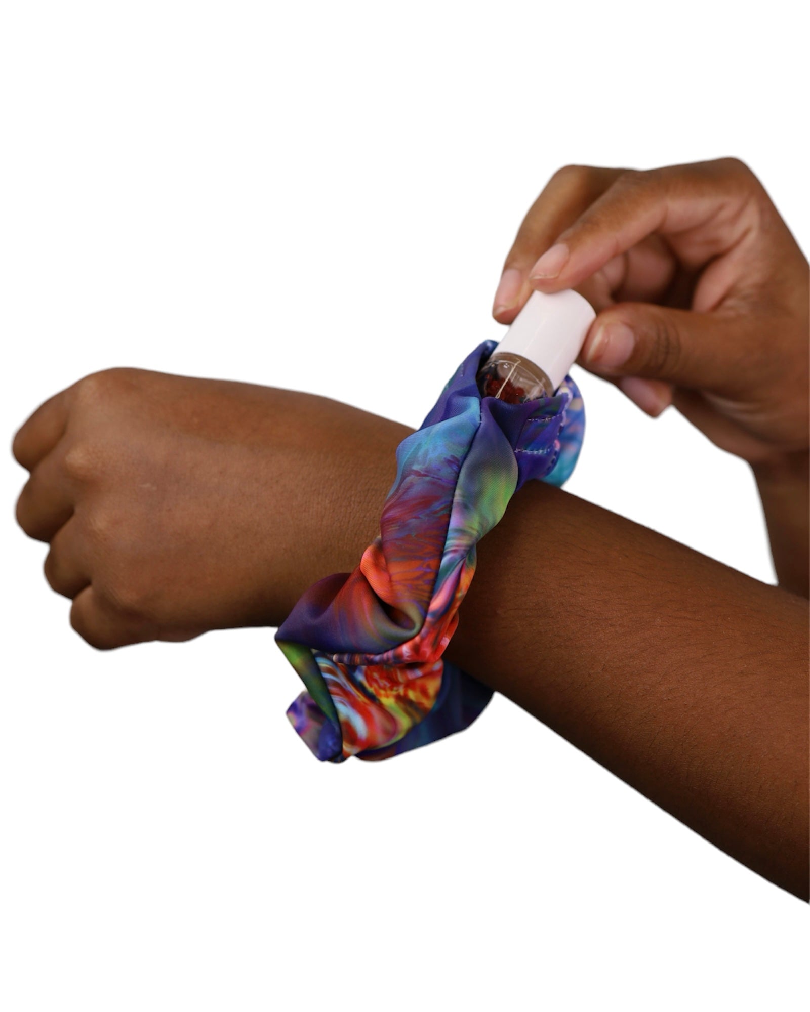 Fire and Ice Stash Scrunchie with velcro hidden pocket on models wrist - One Stop Rave hand made in Las Vegas, NV, USA