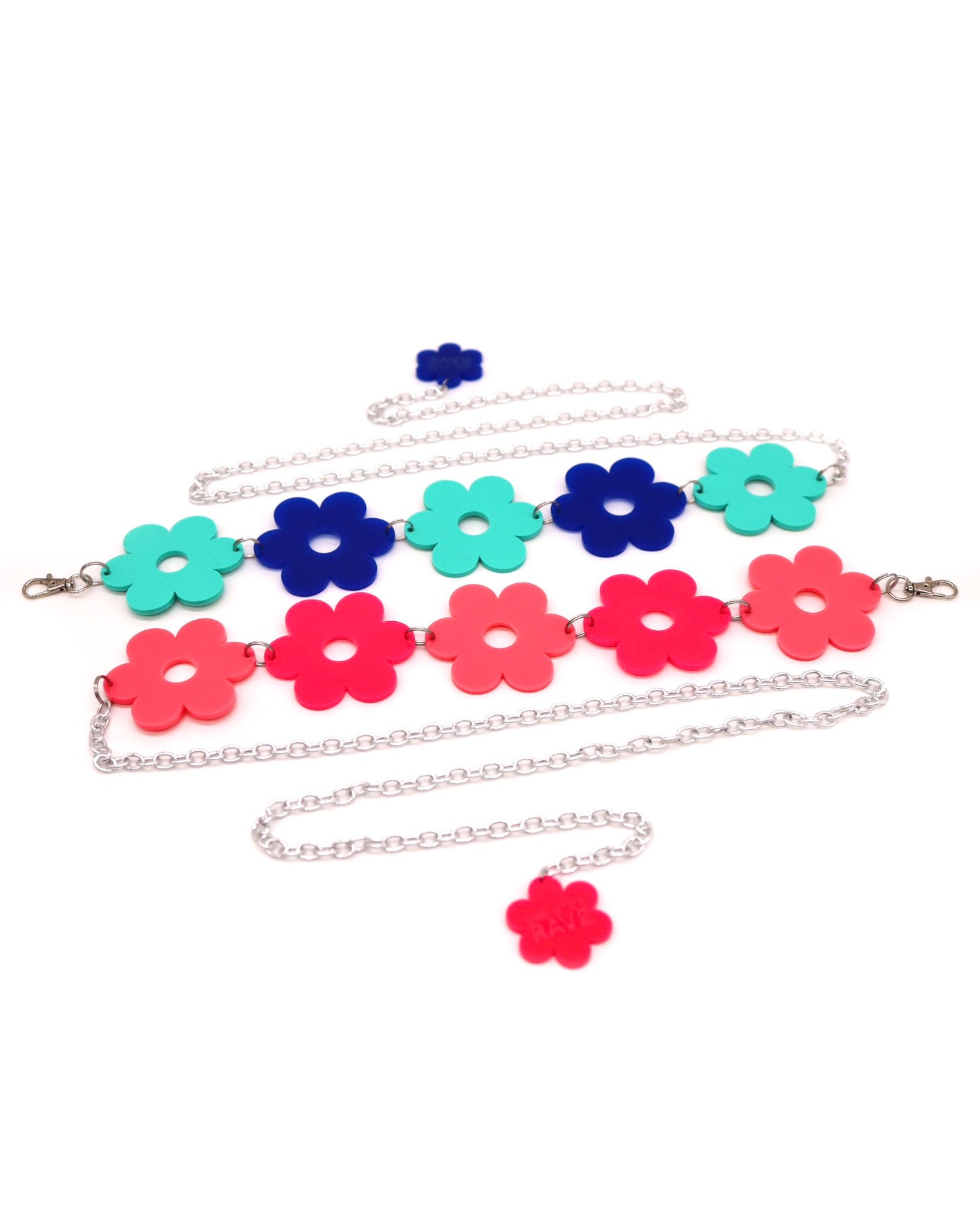 Flower Power Blue Belt and Flower Power Pink Belt on a white background