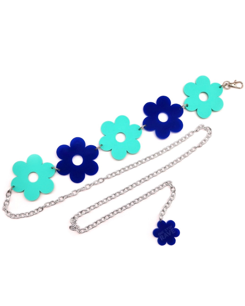 Flower Power Blue Belt featuring a silver chain with alternating blue and teal acrylic daisies.
