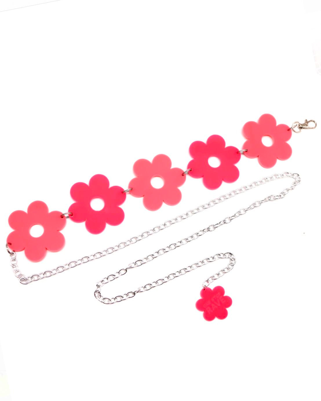 Flower Power Pink Belt featuring a silver chain with alternating light and dark pink acrylic daisies.