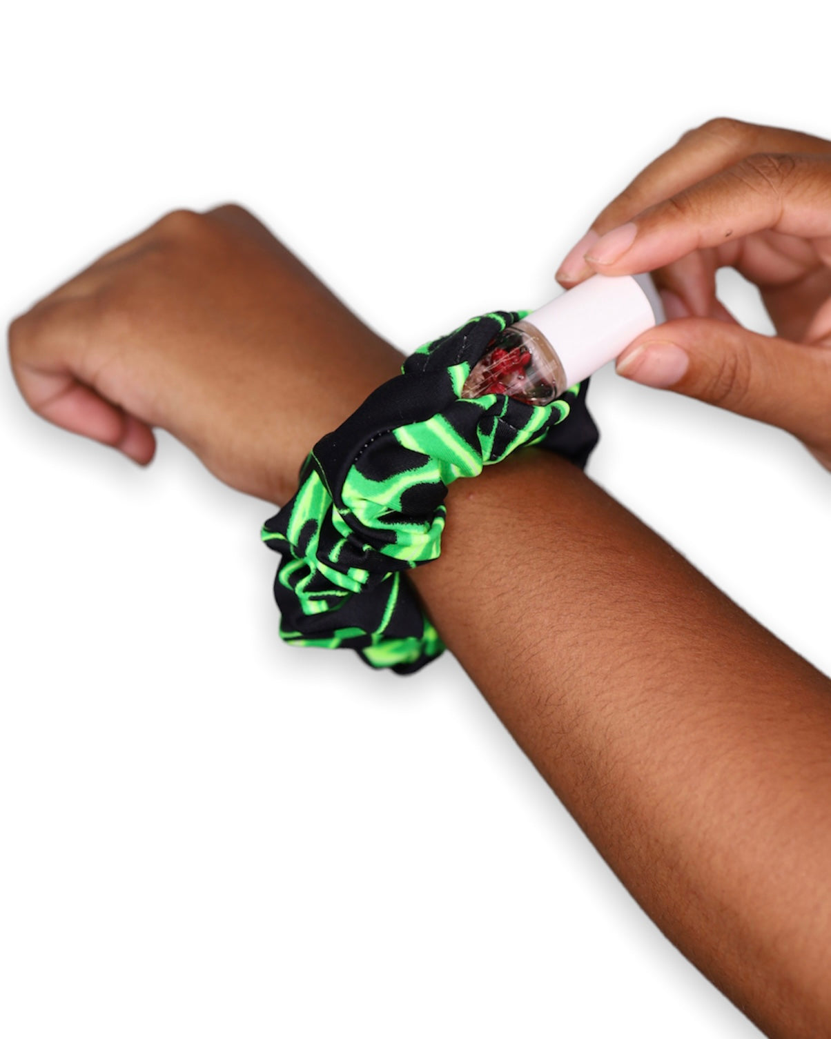 Green Surge Stash Scrunchie with Velcro Hidden Pocket on a hand - One Stop Rave