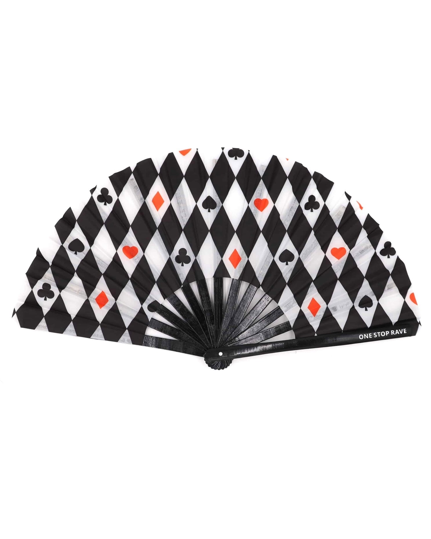 House of Cards hand fan black white diamond playing card design open view