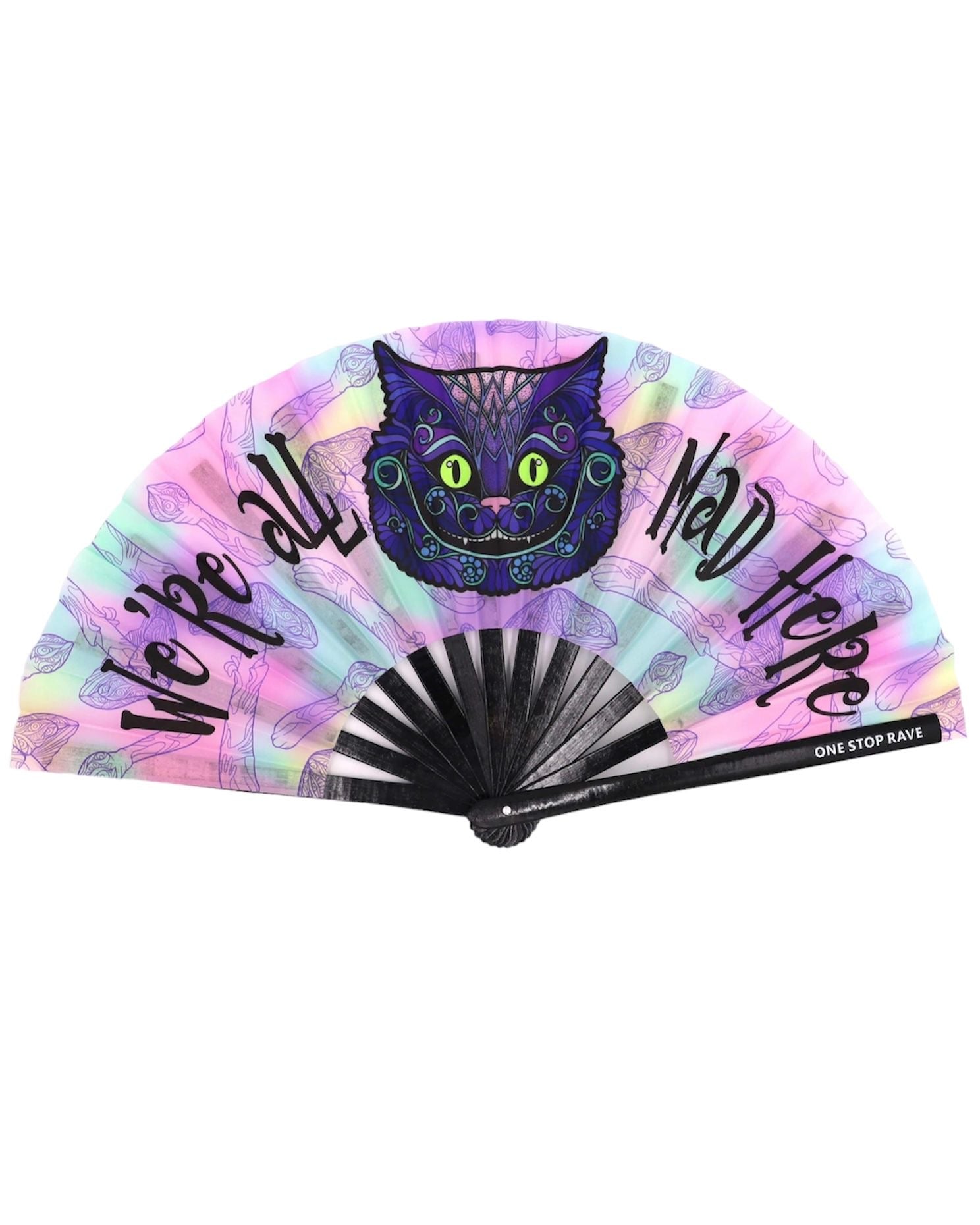 Mad Catter hand fan with Cheshire Cat design in purple and pink