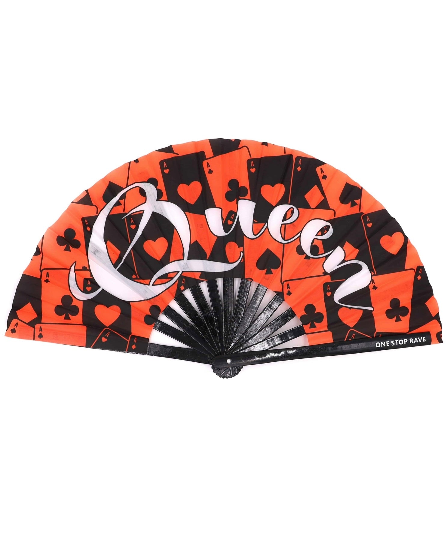 Queen of Hearts hand fan red and black playing card design open view.