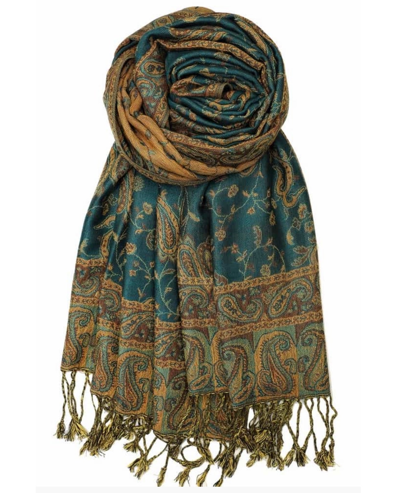 A seafoam and brown reversible paisley pattern pashmina with fringes displayed around shoulders.