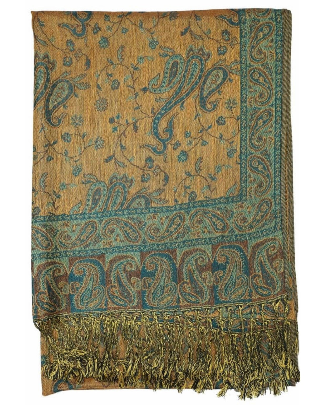 A seafoam and brown reversible paisley pattern pashmina with fringes displayed around shoulders.
