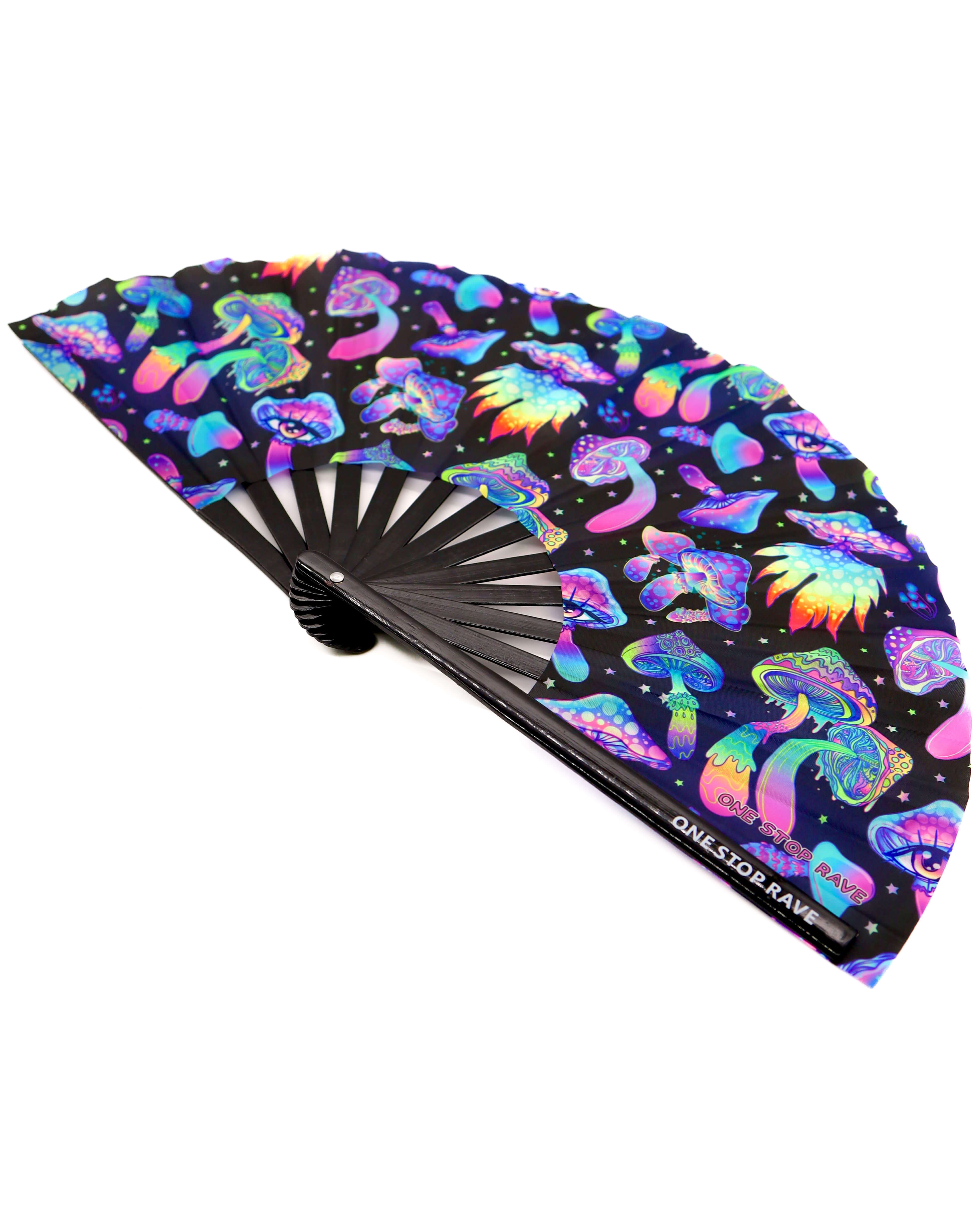 Shroomin Black Hand Fan, Festival Fans 13.5", - One Stop Rave