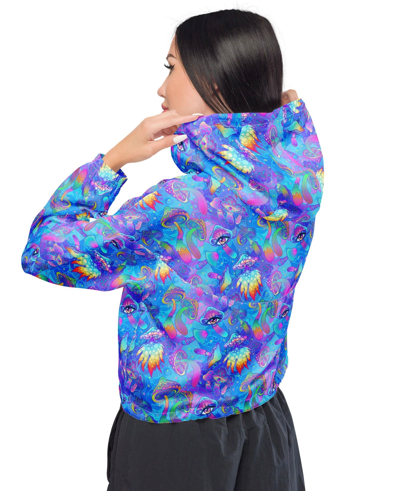 Shroomin Blue Cropped Windbreaker, Zip-Up Jacket, - One Stop Rave