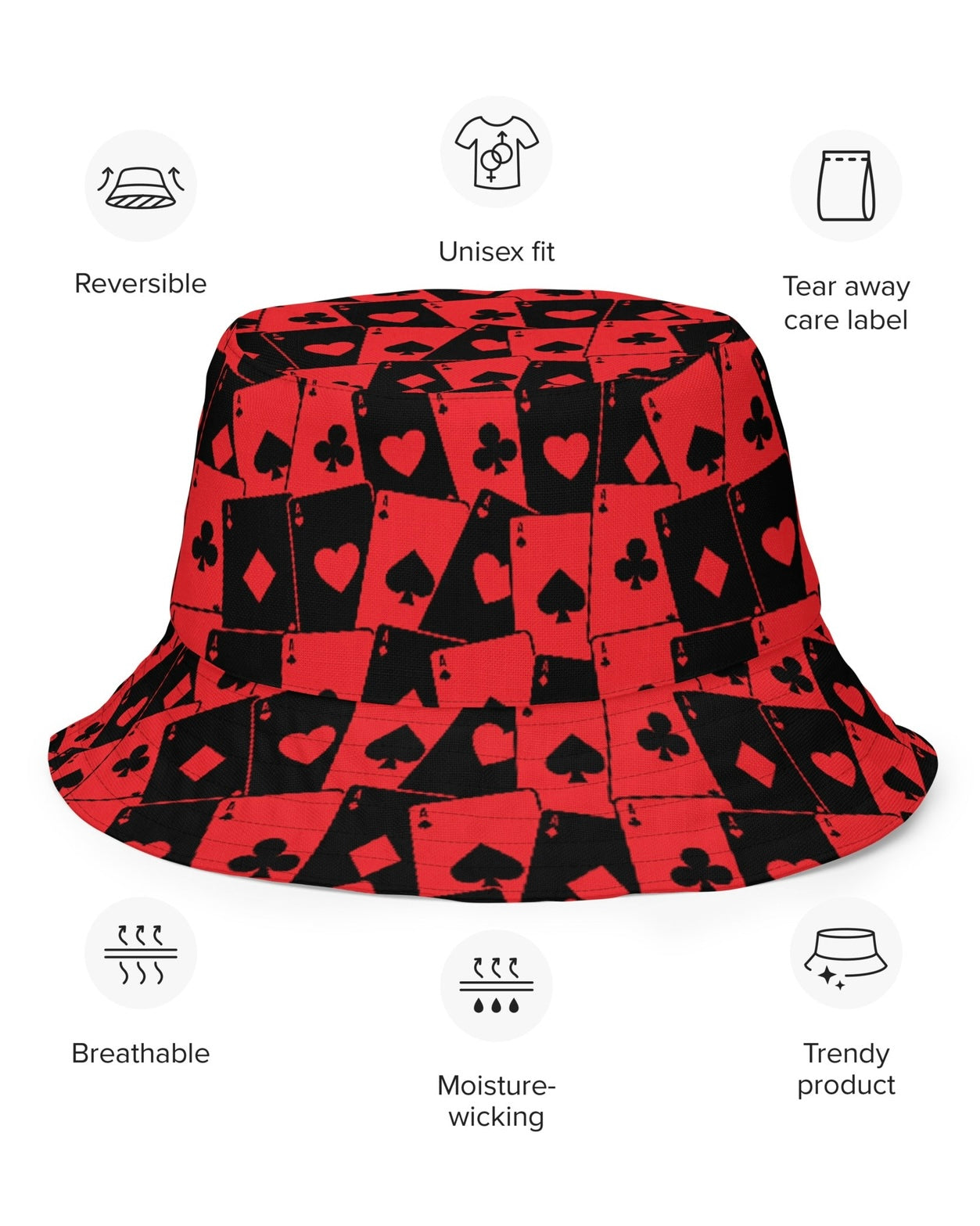 Ace Of Hearts / House Of Cards Reversible Bucket Hat, Bucket Hat, - One Stop Rave
