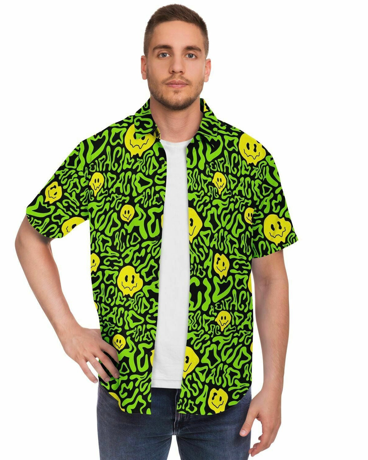 Acid Smilez Party Shirt, Short Sleeve Button Down Shirt, - One Stop Rave